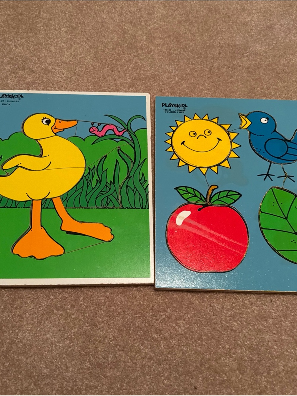 Lot of 2 Vintage 1980s Playskool Wooden Tray Puzzles Duck & Color Scene USA Made